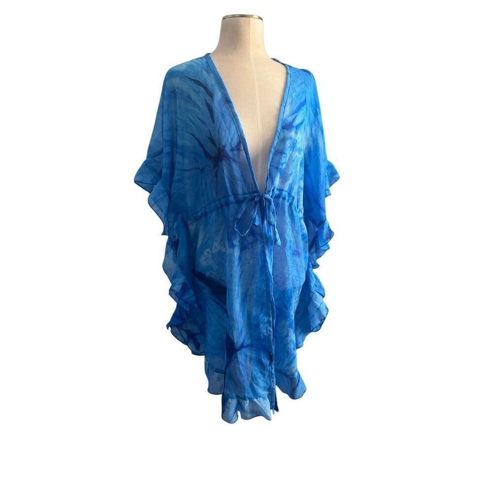 India Boutique Women's Tie Dye Drawstring Ruffle Beach Swim Cover-up Blue OS NWT
